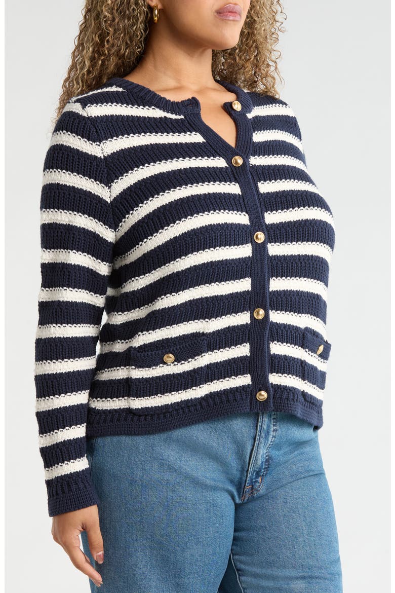 Stripe Rib Knit Button-Up Cardigan, Alternate, color, NAVY- IVORY PEGGY STRIPE
