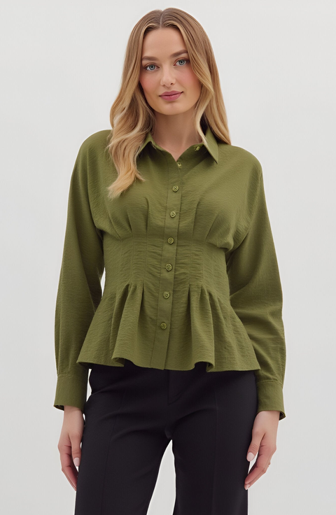 Peplum Button-Up Blouse with Long Sleeves and Structured Waist