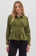 Modenaire Peplum Button-Up Blouse with Long Sleeves and Structured Waist