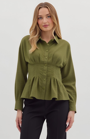 Modenaire Peplum Button-Up Blouse with Long Sleeves and Structured Waist