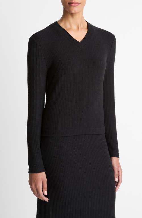 Vince Cozy Rib High V-neck Top In Black