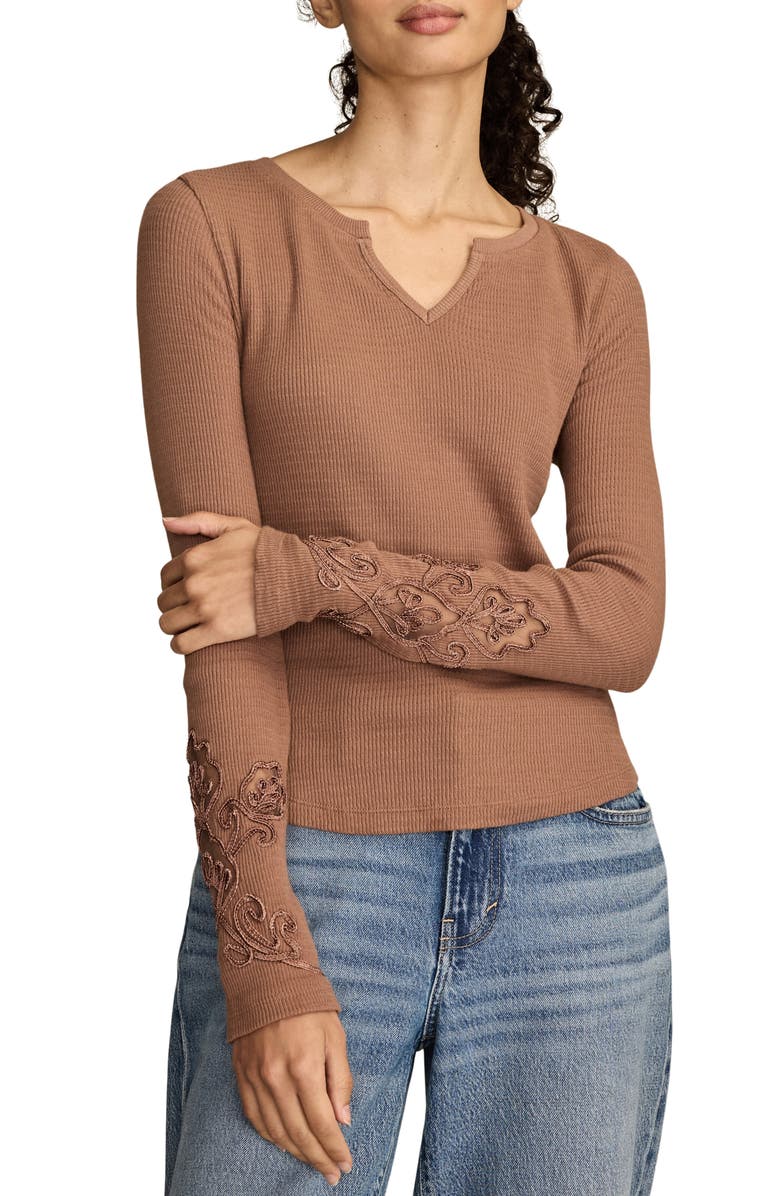 Lucky Brand Cutwork Detail Cotton Rib Top, Main, color, Raw Umber