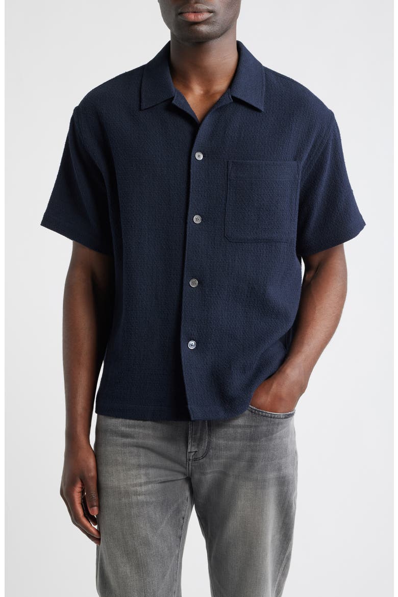 Open Weave Short Sleeve Cotton Blend Button-Up Shirt, Main, color, DARK NAVY