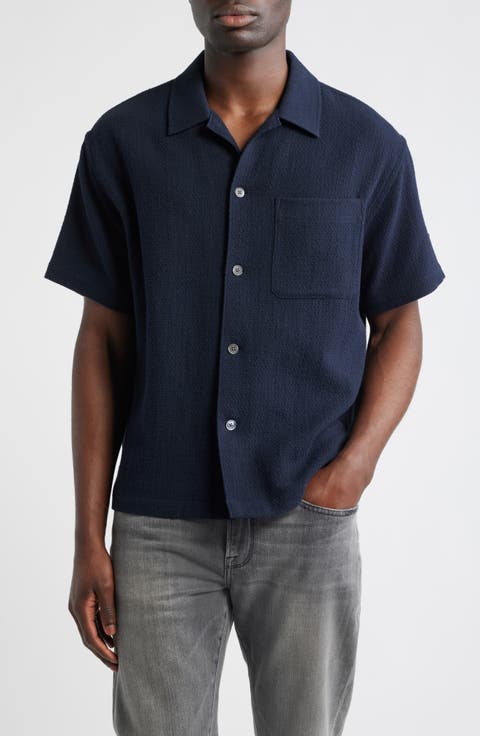 Open Weave Short Sleeve Cotton Blend Button-Up Shirt