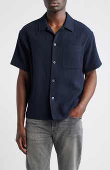 Open Weave Short Sleeve Cotton Blend Button-Up Shirt