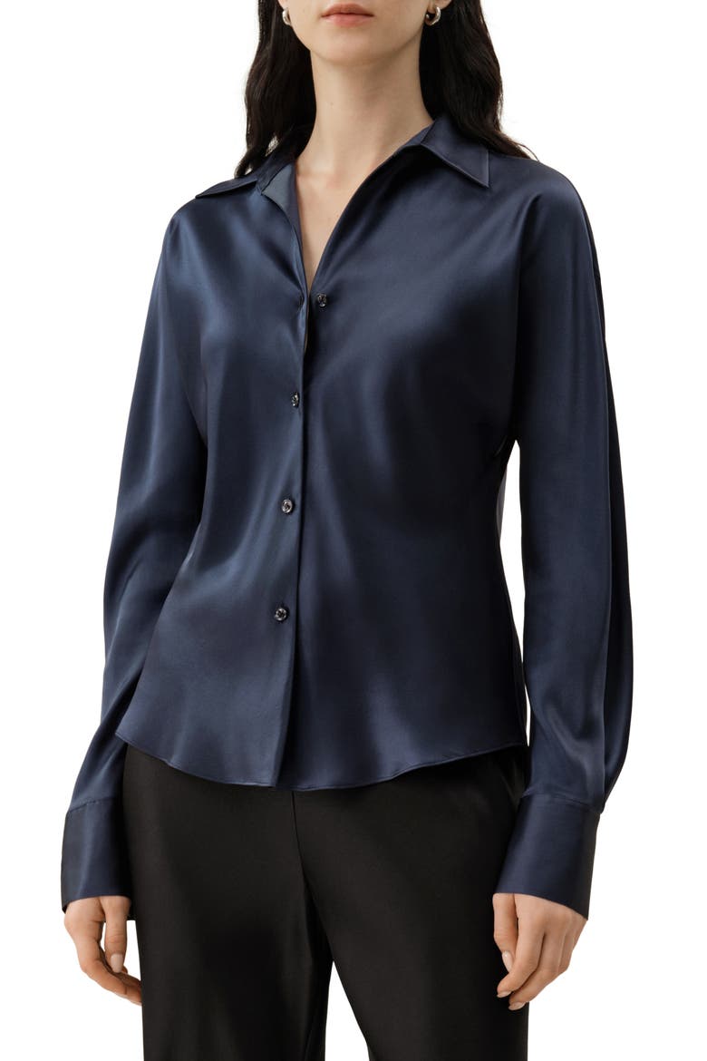 Women's Bias Cut Silk Shirt, Main, color, Navy Blue