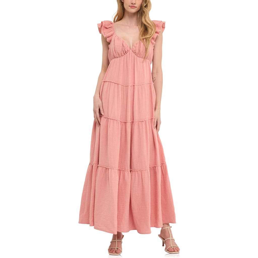 Free The Roses Sweetheart Neck Cotton Gauze Tiered Maxi Dress In Salmon
