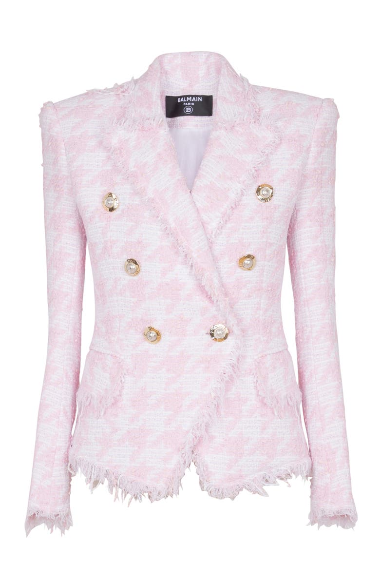 Balmain 6-Button Houndstooth Tweed Fitted Jacket, Alternate, color, Pink