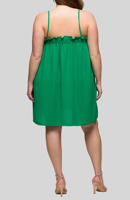 24seven Comfort Apparel Plus Size Square Neck Spaghetti Strap Smocked Pocket Mini Dress In Green