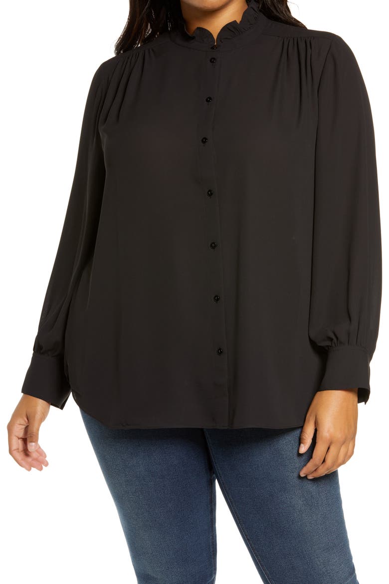 Ruffle Neck Blouse, Main, color, BLACK