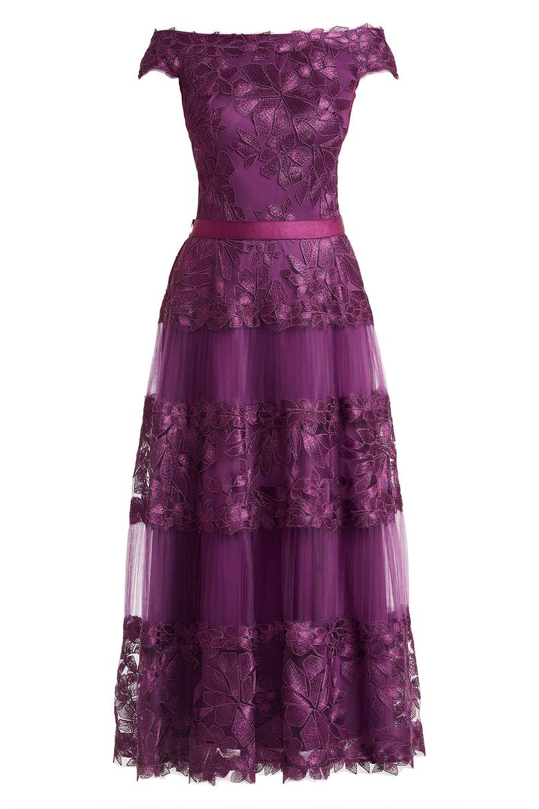 Embroidered Off the Shoulder Midi Dress, Alternate, color, BEGONIA