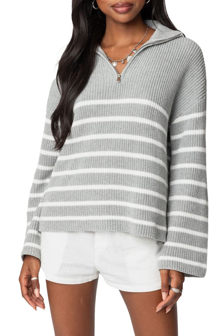 Stripe Oversize Quarter-Zip Cotton Sweater, Main, color, GRAY-MELANGE