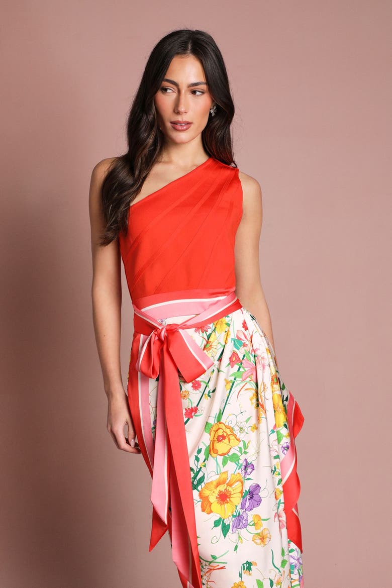 Bandage One Shoulder Printed Midi Dress, Alternate, color, Ivory