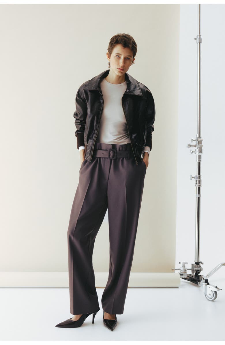 H&M Belted Wool-blend Trousers, Alternate, color, Dusty Purple