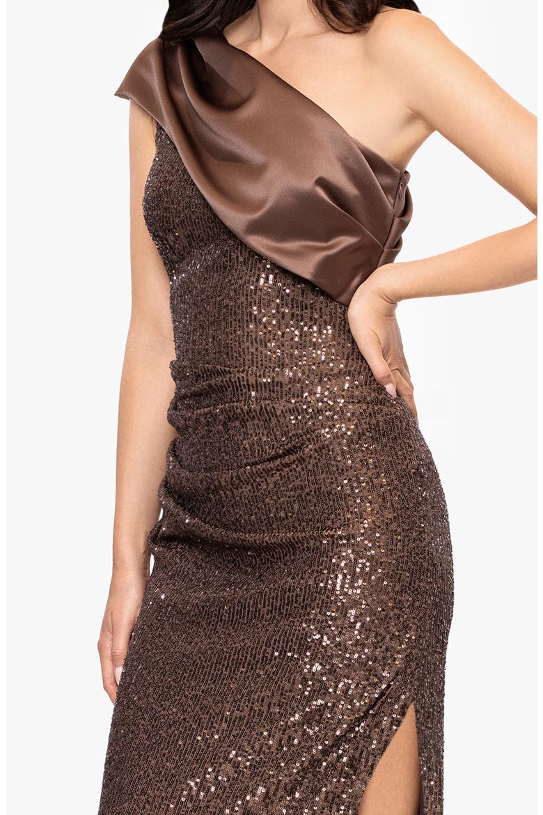 Sequin One-Shoulder Gown, Alternate, color, MOCHA