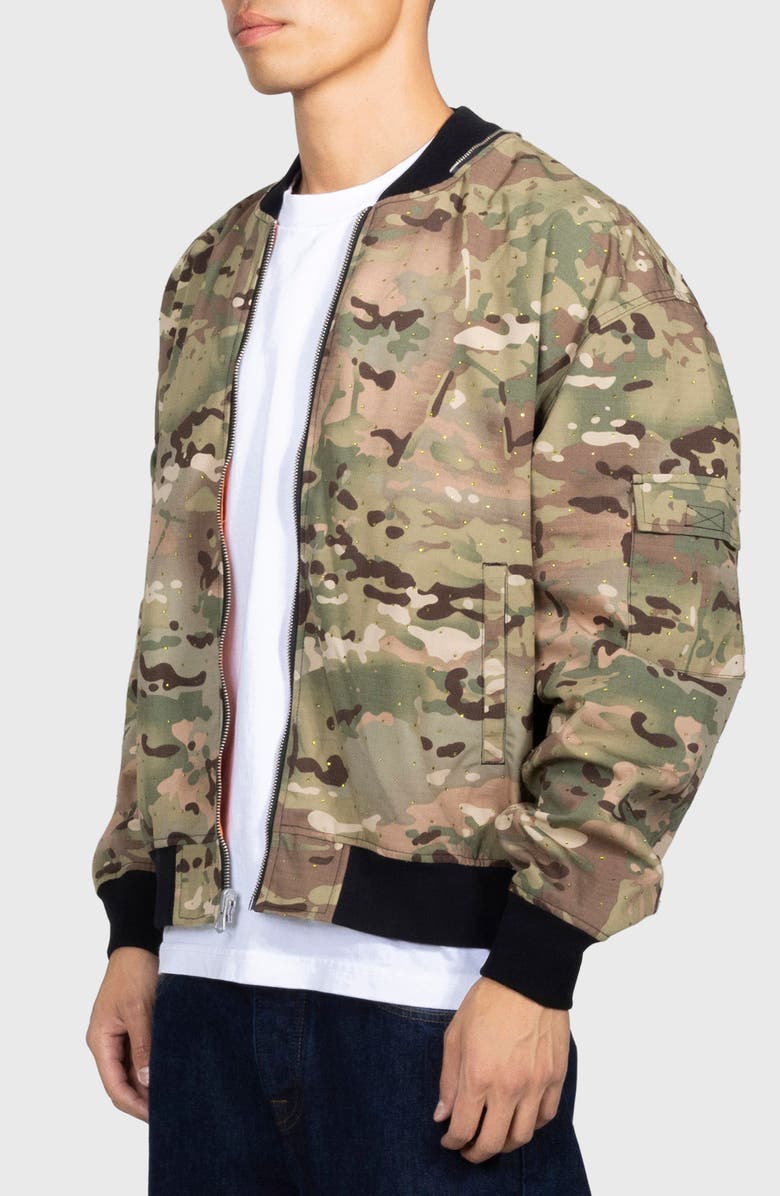 PLEASURES Rhinestone Embellished Camo Print Cotton Bomber Jacket, Alternate, color, Camo