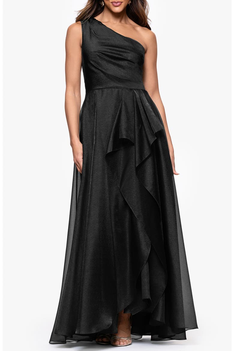 One-Shoulder Metallic Organza Gown, Main, color, BLACK