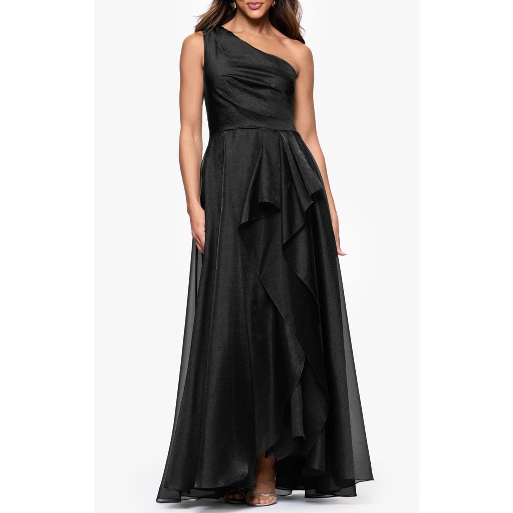 Xscape Evenings One-shoulder Metallic Organza Gown In Black
