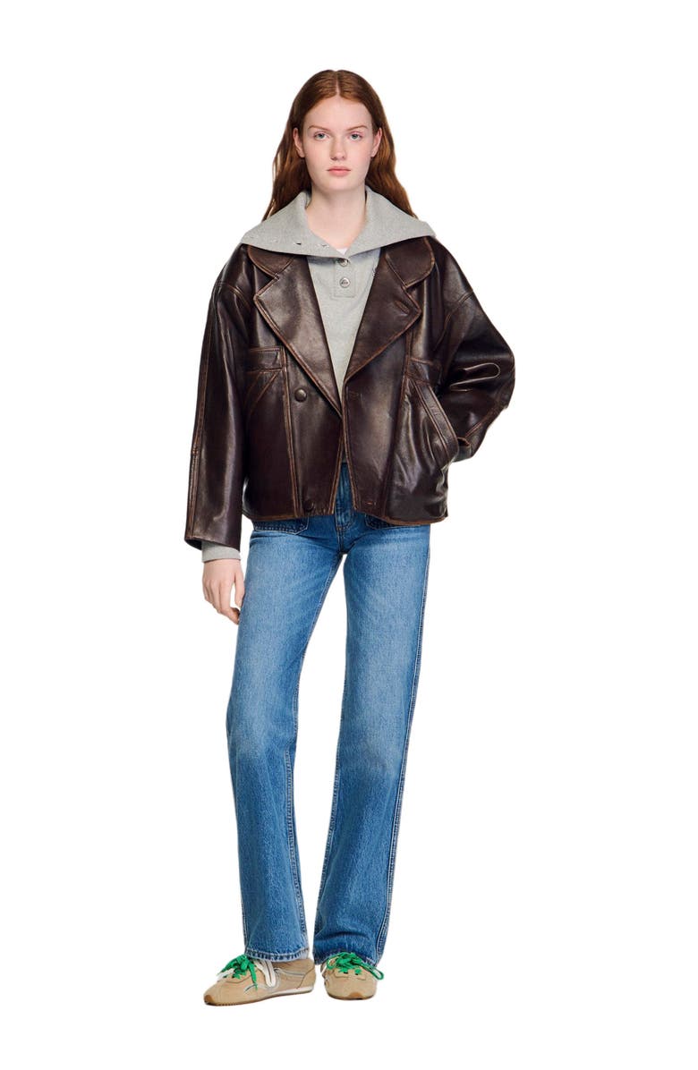 SANDRO Oversized leather jacket, Alternate, color, Brown