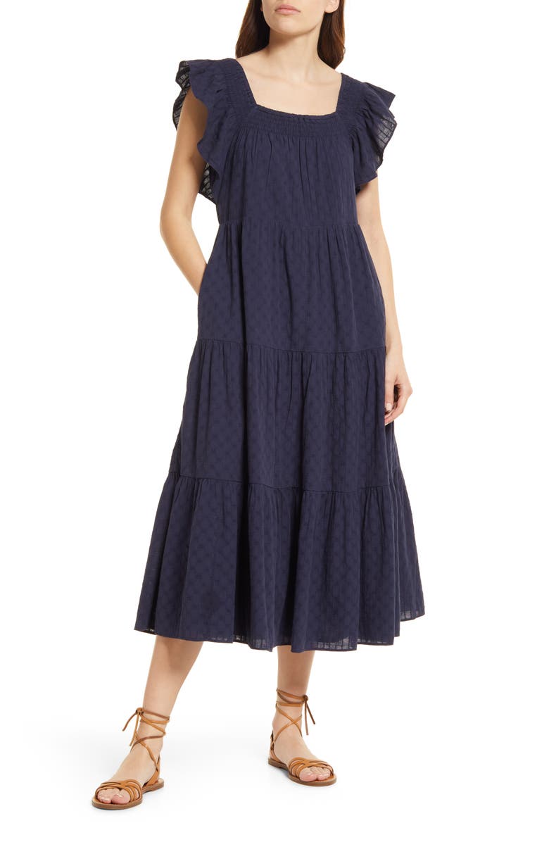 Madewell Women's Textured Check Ruffle Sleeve Tiered Midi Dress, Main, color,
