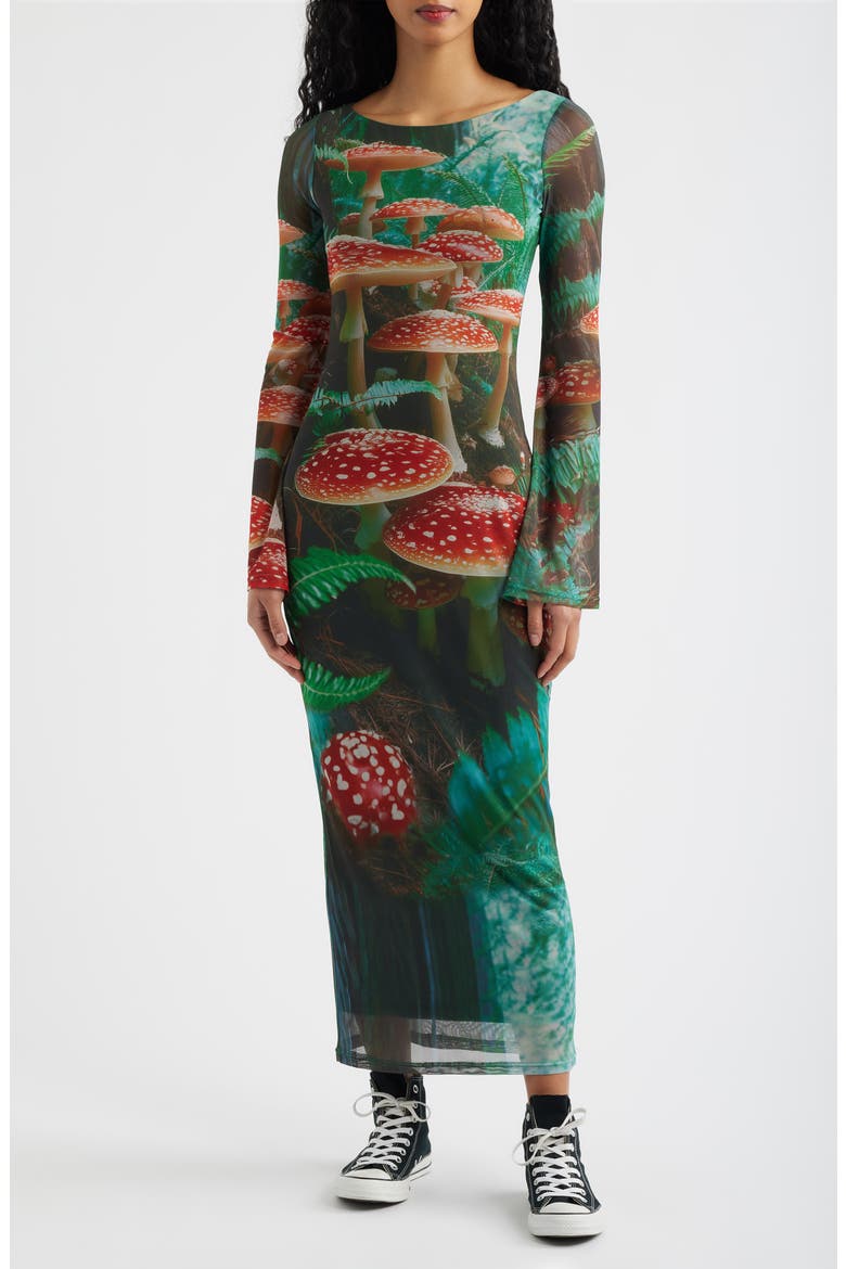 We're All Mad Here Long Sleeve Maxi Dress, Main, color, GREEN/ RED