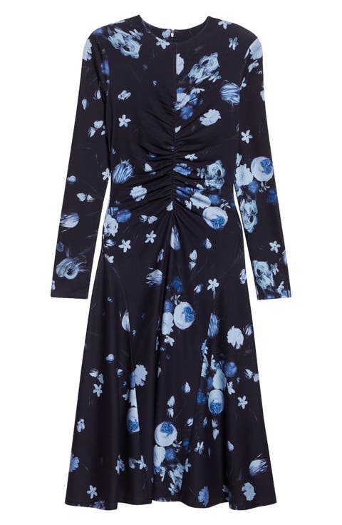 Floral Print Long Sleeve Ponte Knit Midi Dress