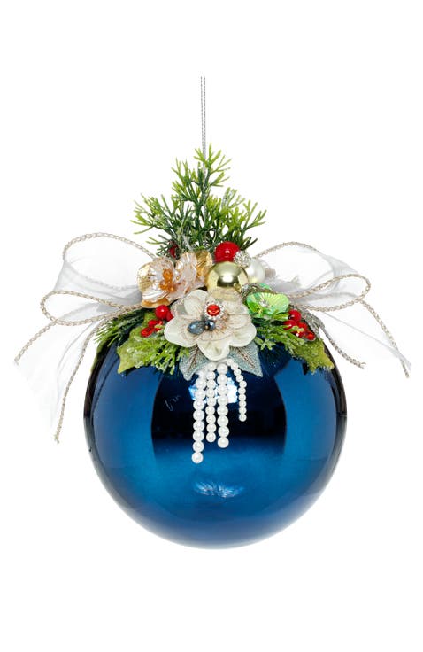 Floral Jeweled Ornament, Shiny, Dark Blue