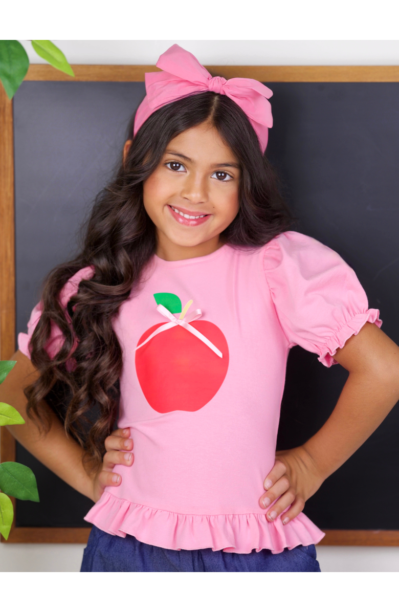 Mia Belle Girls Girls  Cutest in Class Apple Top & Ruffle Denim Short Set, Alternate, color, Pink