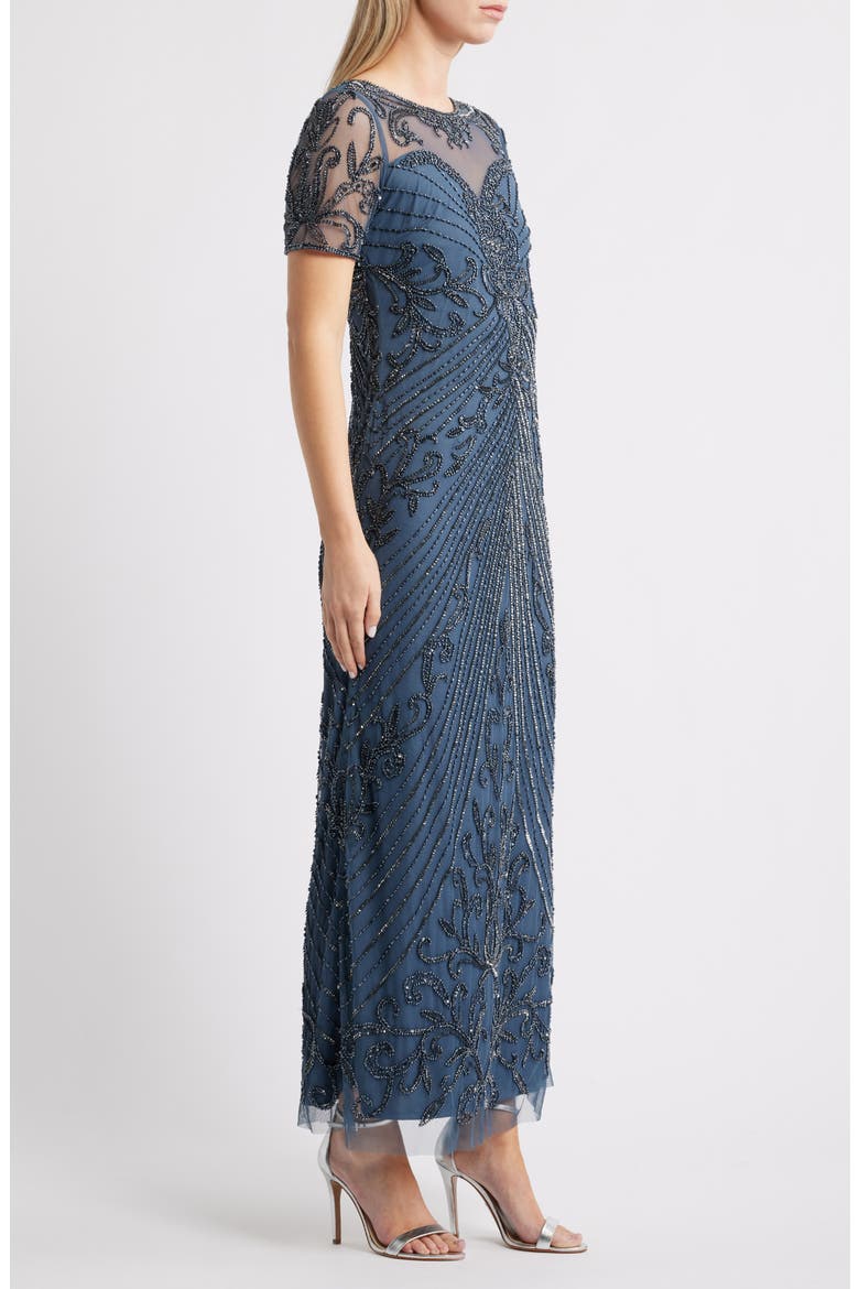 Illusion Beaded Mesh Column Gown, Alternate, color, COASTAL BLUE 455