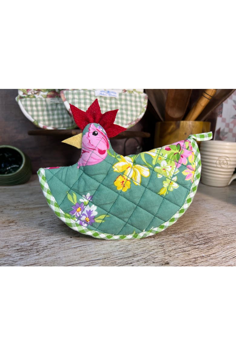 Happy Hen Potholder in Green Floral, Alternate, color, Green