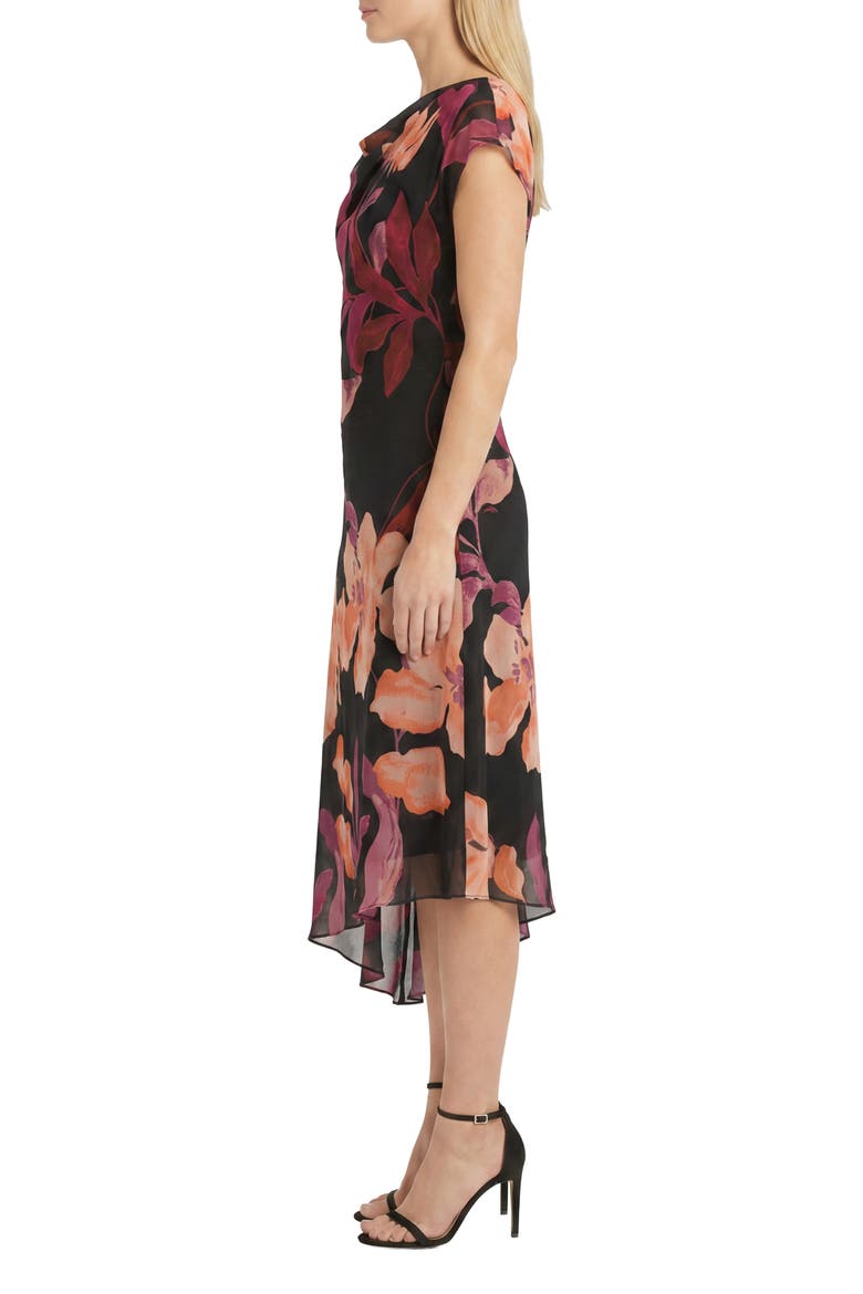 Asymmetrical Cap Sleeve Floral Midi Dress, Alternate, color, BLACK ONYX/ SCARLET