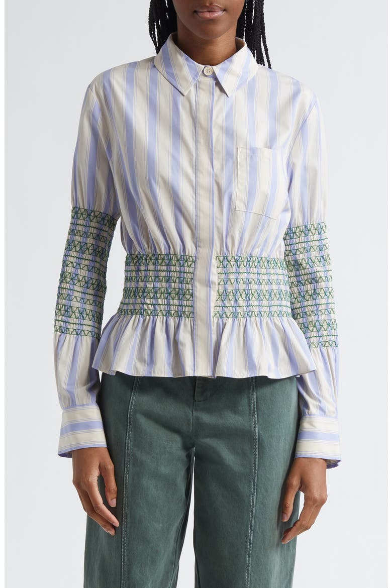 Stripe Smock Detail Organic Cotton Button-Up Shirt, Main, color, PASTEL STRIPES