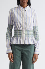 Stine Goya Stripe Smock Detail Organic Cotton Button-Up Shirt
