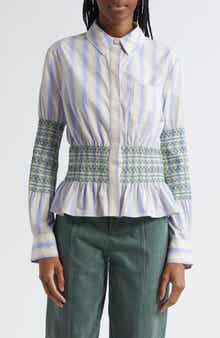 Stine Goya Stripe Smock Detail Organic Cotton Button-Up Shirt