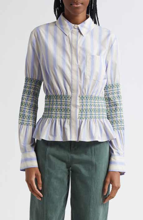 Stine Goya Stripe Smock Detail Organic Cotton Button-Up Shirt