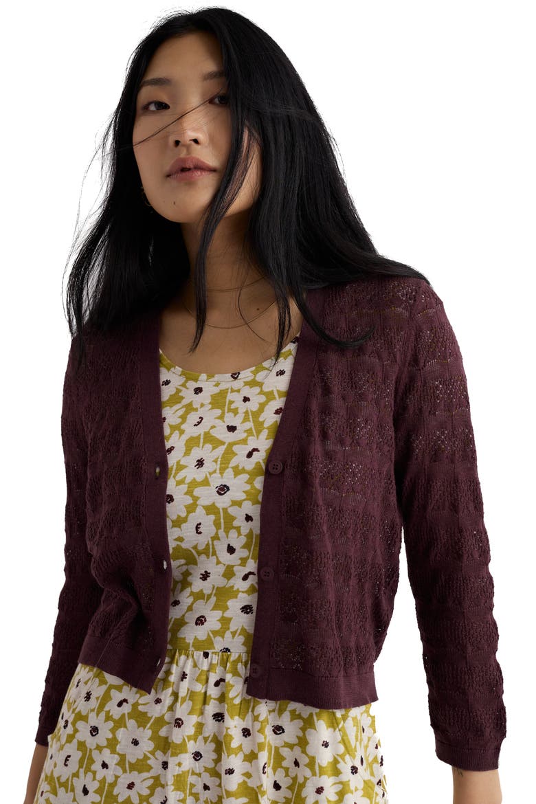 Sweet Day Pointelle Organic Cotton Cardigan, Alternate, color, KNIT MELANGE CACAO