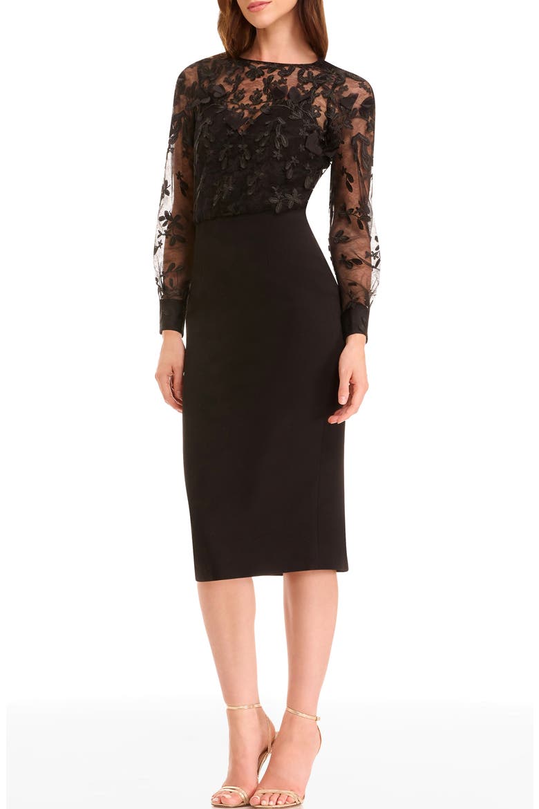 Pilar Mixed Media Long Sleeve Cocktail Sheath Dress, Main, color, BLACK
