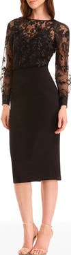 Dress the Population Pilar Mixed Media Long Sleeve Cocktail Sheath Dress