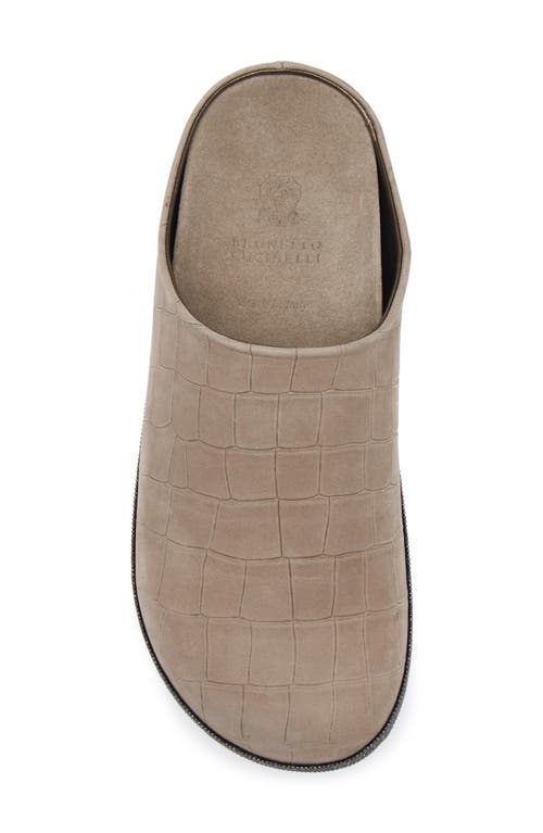 Brunello Cucinelli Croc Embossed Suede Slipper In Neutral