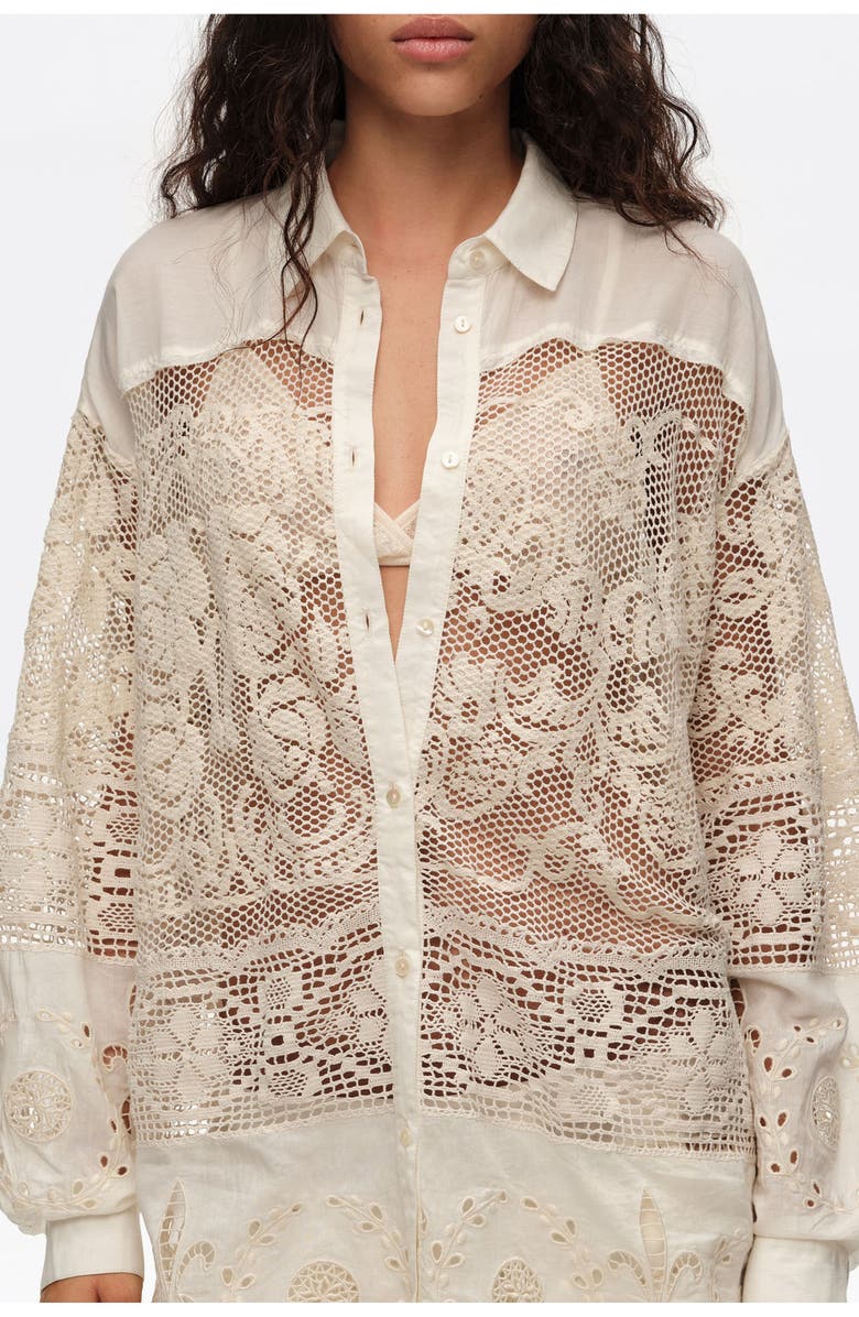 Bimba y Lola Oversize Lace Patchwork Shirt, Alternate, color, Ecru