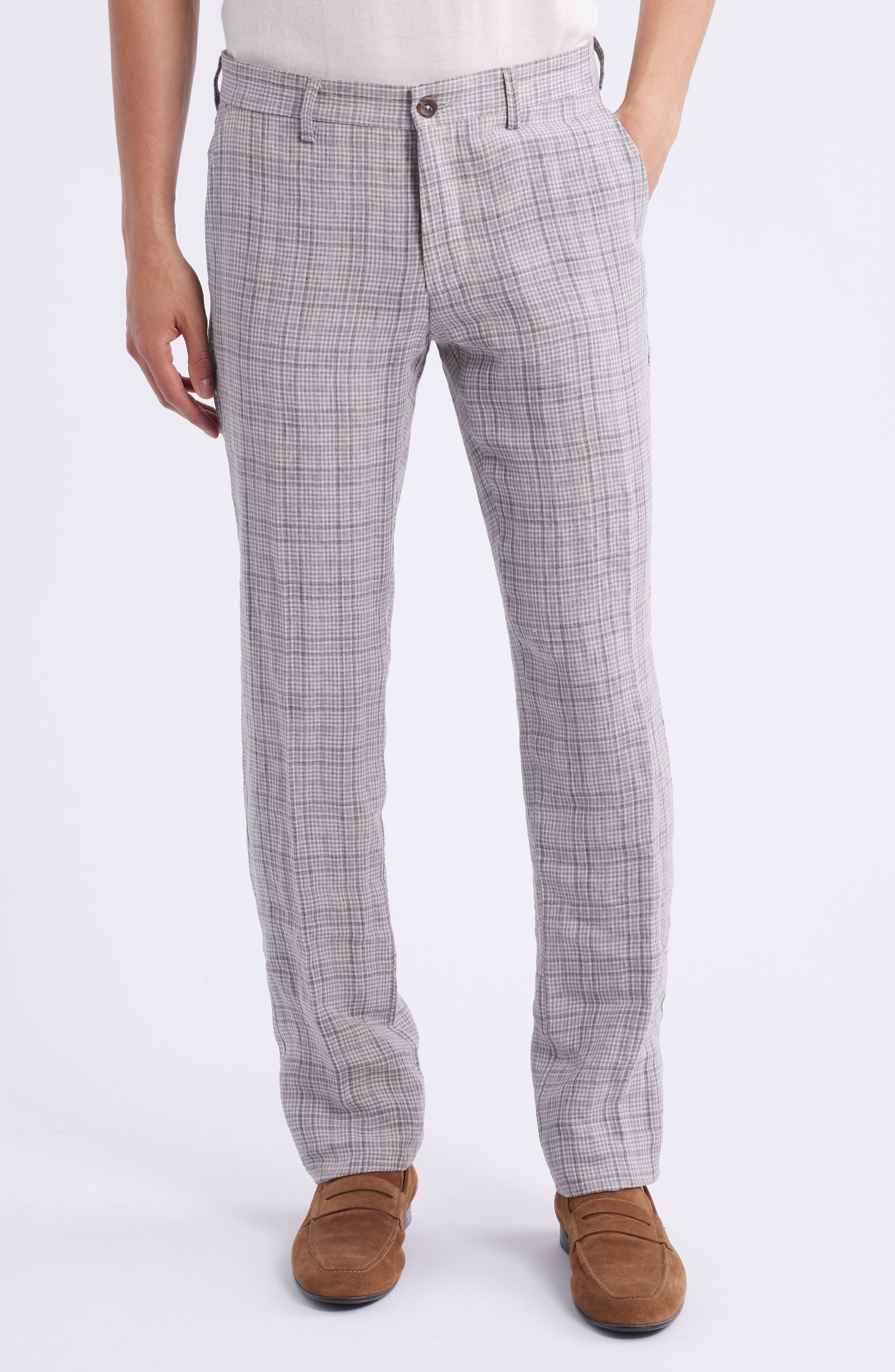 Berle Flat Front Check Linen Dress Pants in Tan 