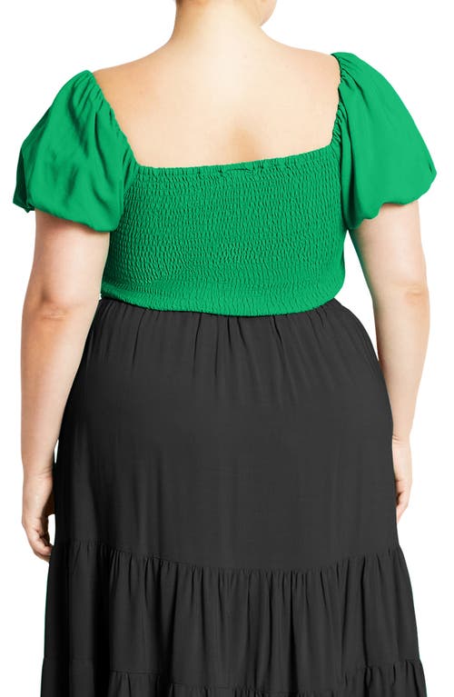 City Chic Dylan Smocked Puff Sleeve Crop Top In Green