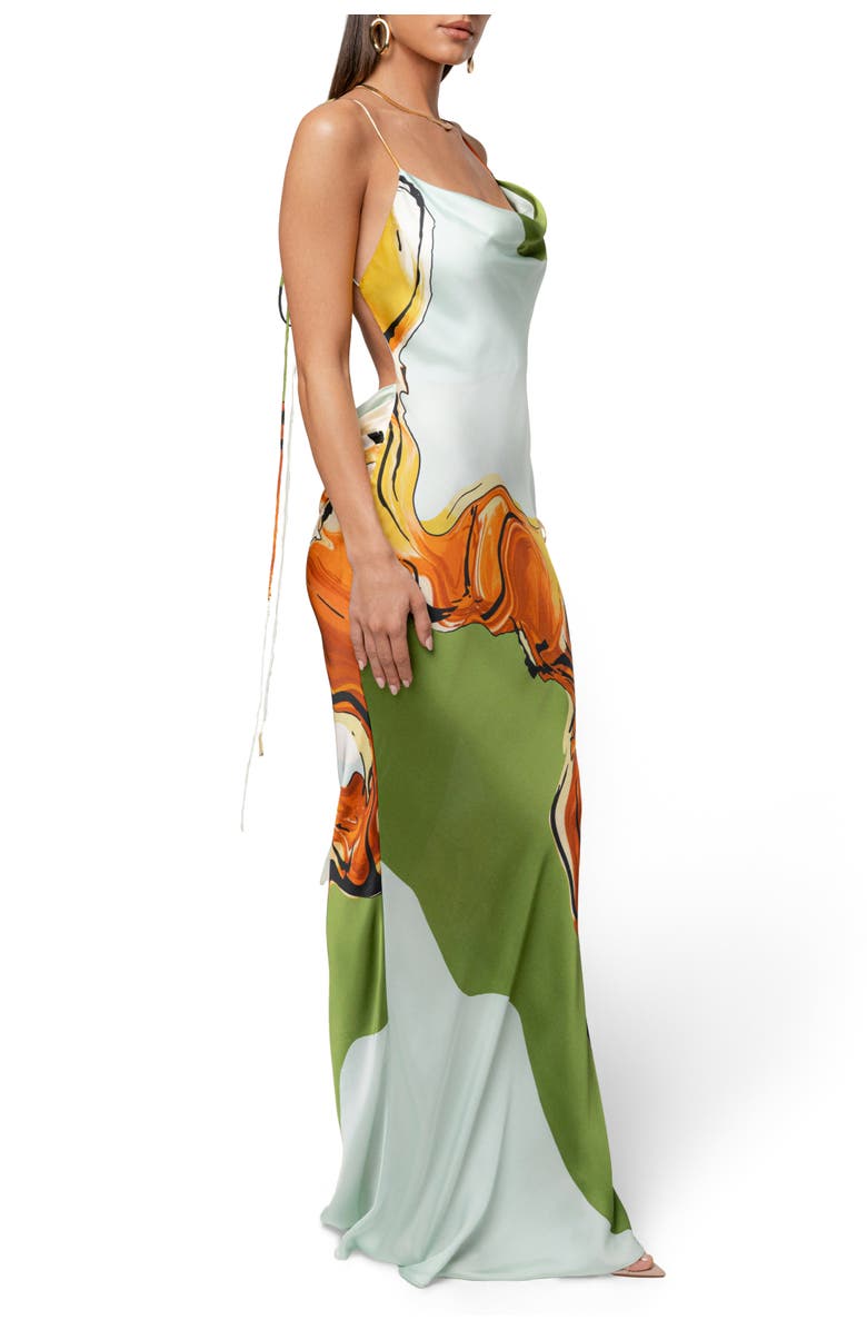 JLUXLABEL Tropical Print Golden Touch Satin Dress, Alternate, color, Green