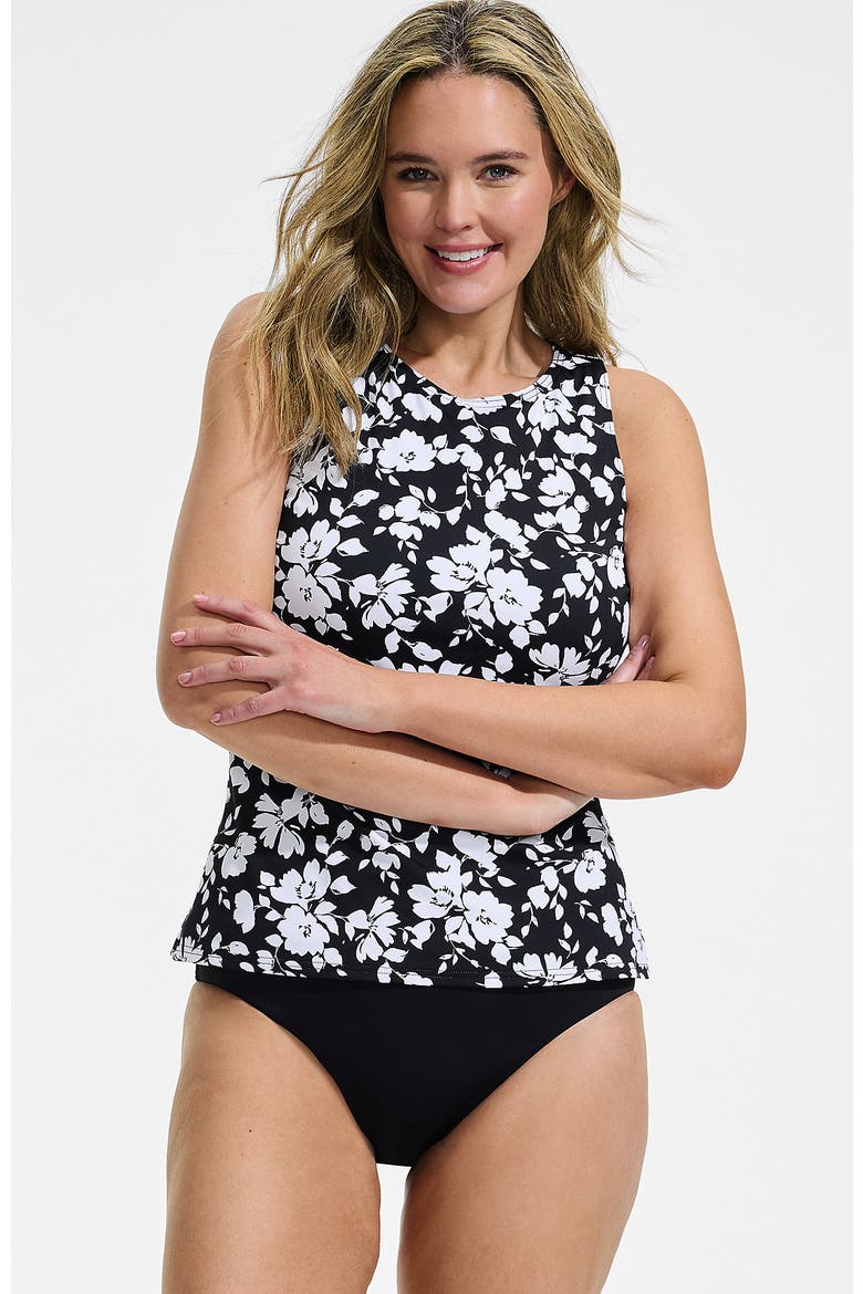 Plus Size High Neck UPF 50 Sun Protection Modest Tankini Swimsuit Top, Main, color, Black Blossom Floral