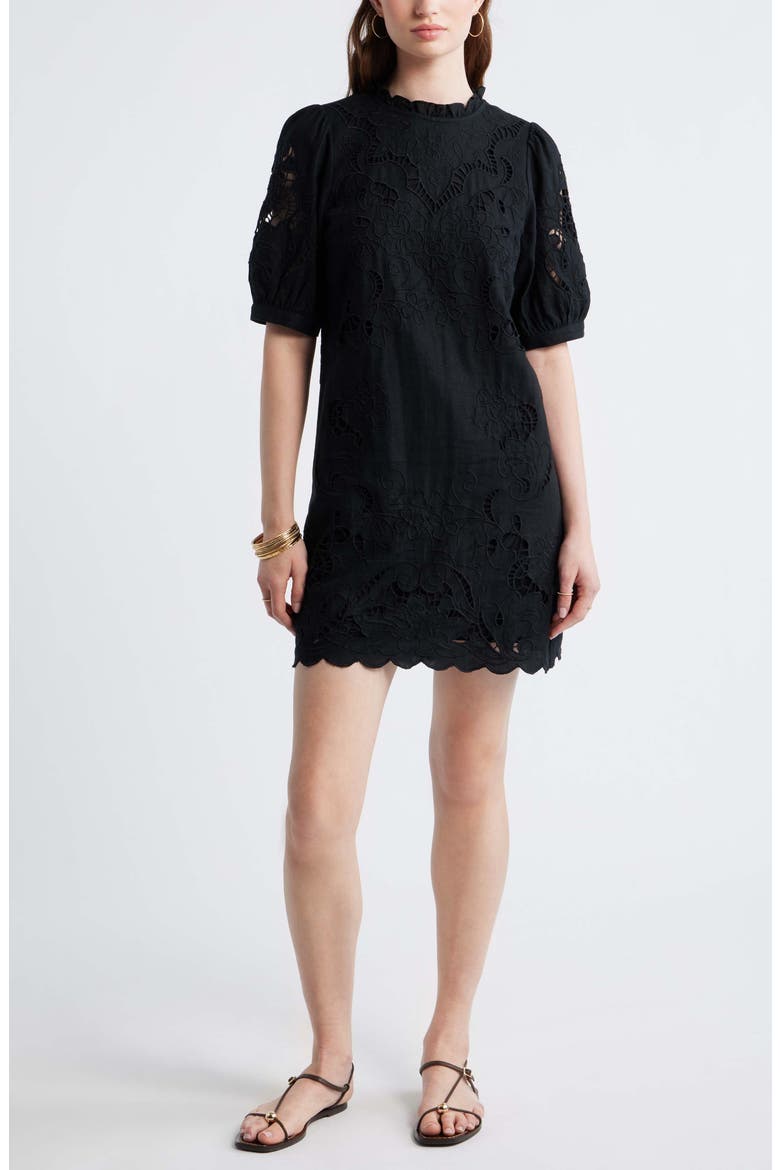 Cutwork Embroidery Minidress, Main, color, BLACK