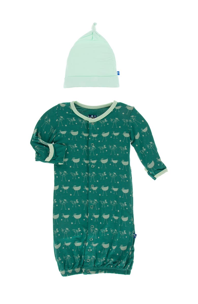KicKee Pants Print Layette Gown Converter & Knot Hat Set in Ivy Chickens, Main, color, 