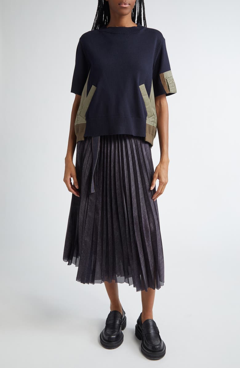 Sacai Mixed Media Short Sleeve Sweater, Alternate, color,