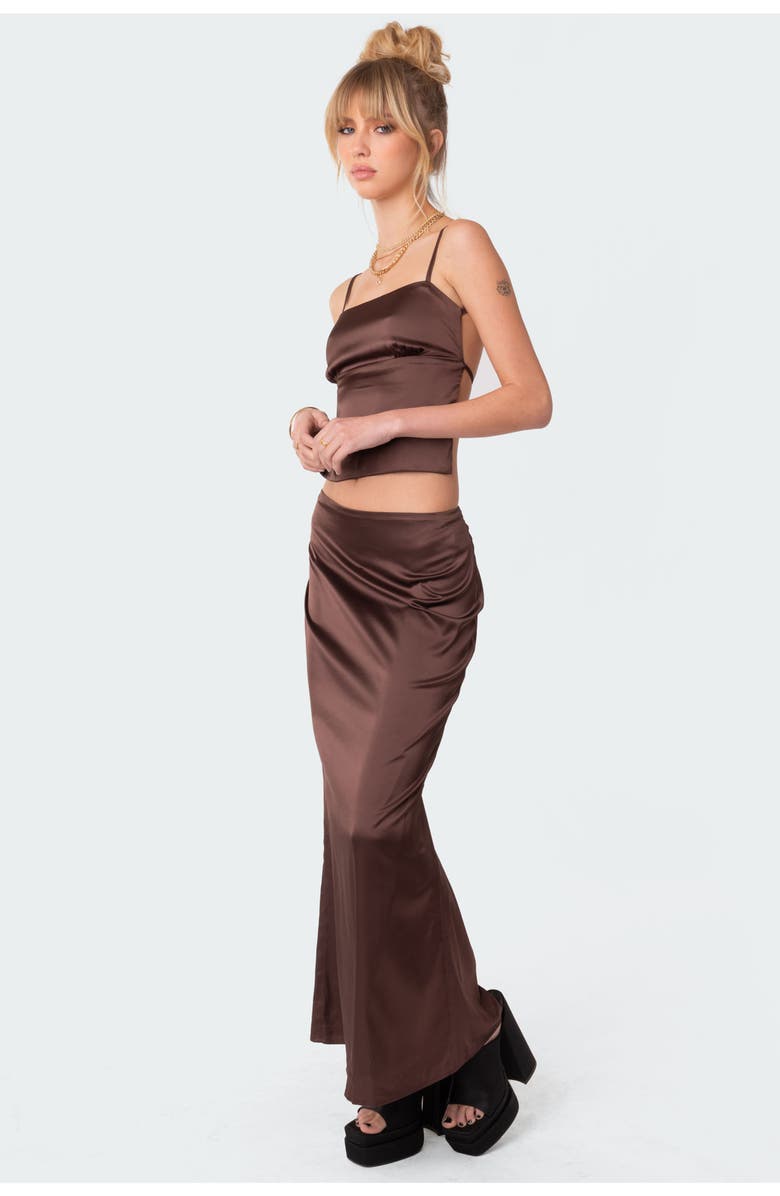 EDIKTED Ruched Satin Maxi Skirt, Alternate, color, Brown