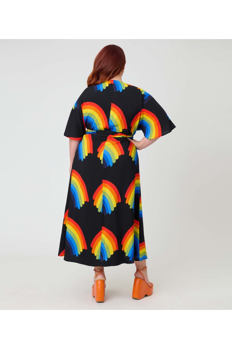 Plus Size Tie Wrap Surplice Midi Dress, Alternate, color, Black w/ Rainbow Print