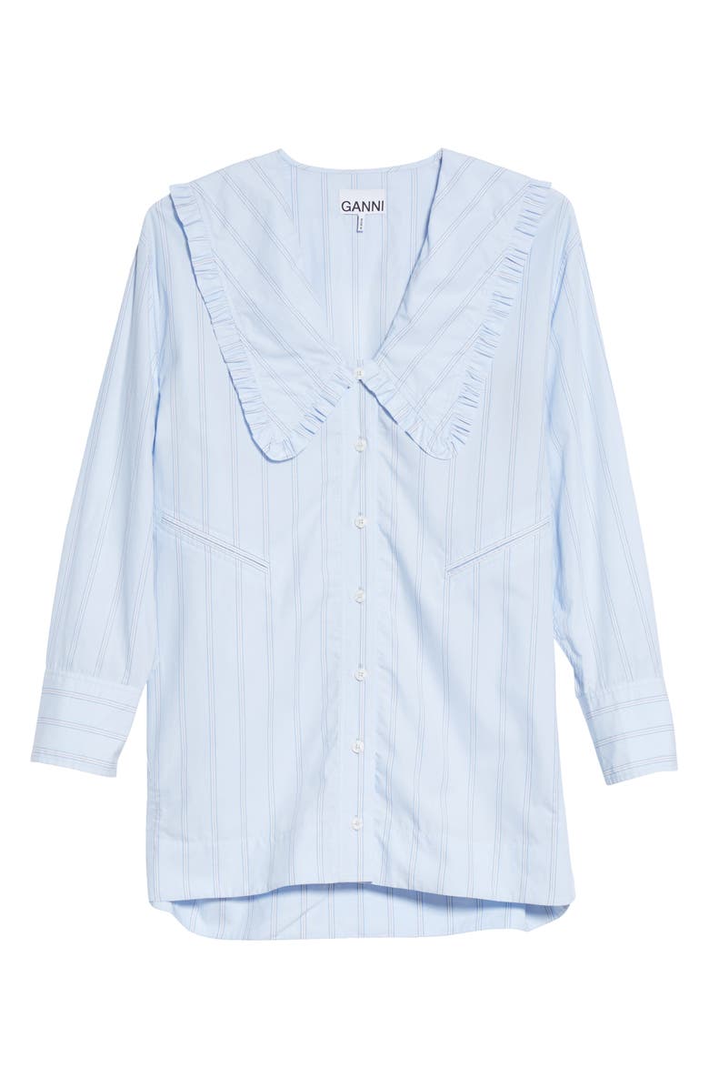Ganni Ruffle Collar Stripe Cotton Oversized Shirt, Alternate, color, 